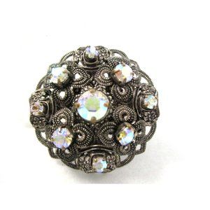 Vintage Made in Germany AB Rhinestone Prong set Round Dome Filigree Brooch 1.25"